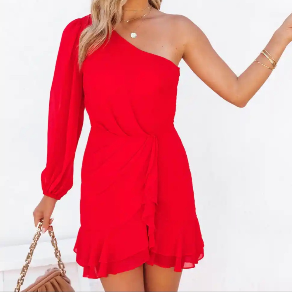VICI Siren One Shoulder Ruffle Mini Dress Red